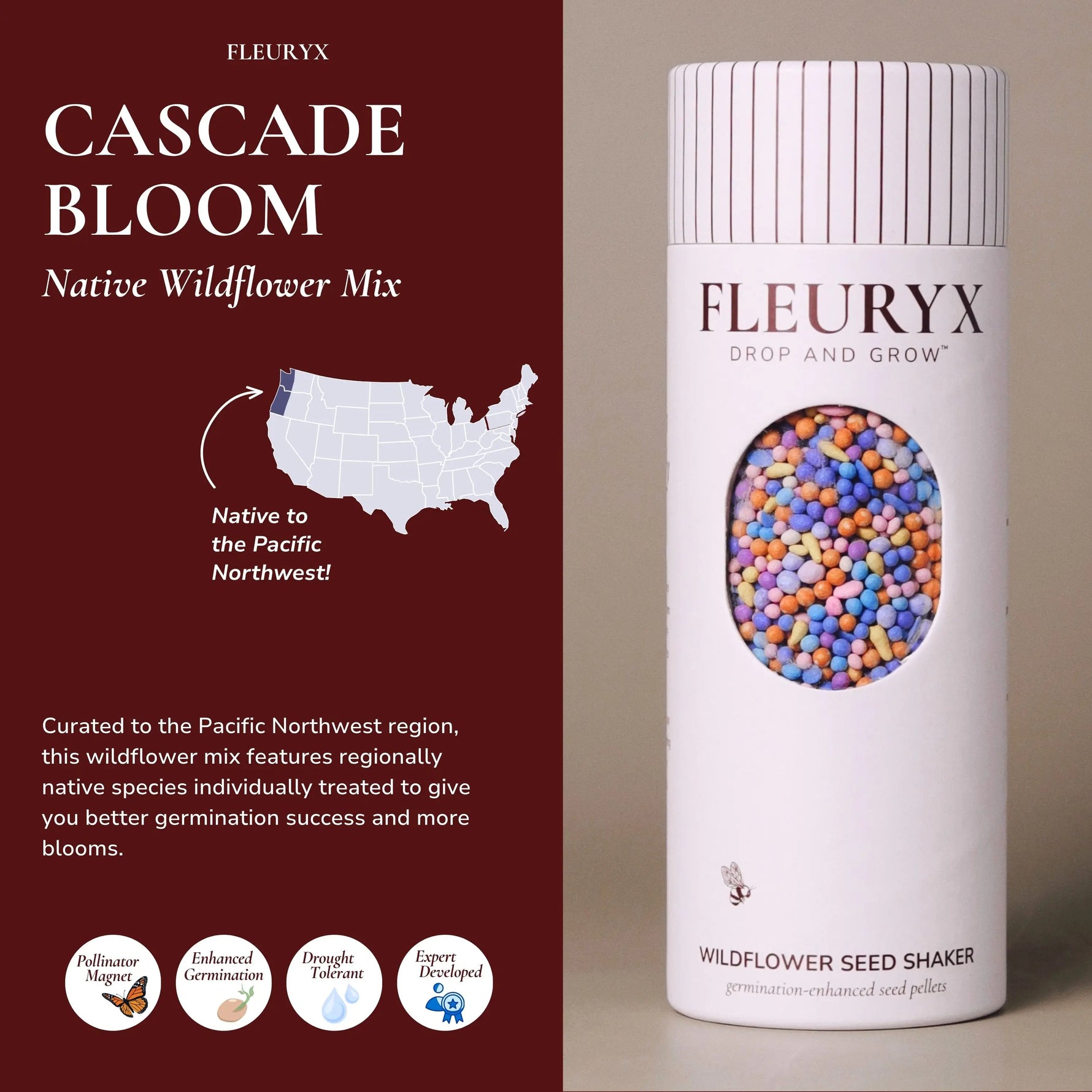Fleuryx Cascade Bloom Native Wildflower Mix for the Pacific Northwest in a wildflower seed shaker filled with colorful coated seed pellets designed for better germination.