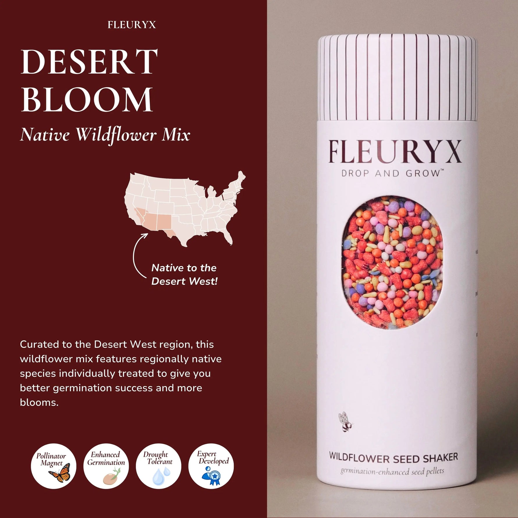 Fleuryx Desert Bloom Native Wildflower Mix for the Desert West in a wildflower seed shaker filled with colorful coated seed pellets designed for better germination.