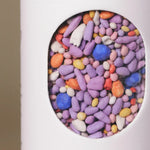 Close-up of colorful coated wildflower seed pellets inside the window of Fleuryx Frontier Bloom Native Wildflower Mix shaker tube, with each pellet color-matched to the flower species it contains.