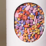 Close-up of colorful coated wildflower seed pellets inside the window of Fleuryx Highland Bloom Native Wildflower Mix shaker tube, with each pellet color-matched to the flower species it contains.
