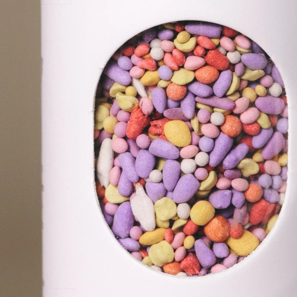 Close-up of colorful coated wildflower seed pellets inside the window of Fleuryx Magnolia Bloom Native Wildflower Mix shaker tube, with each pellet color-matched to the flower species it contains.