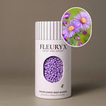 Fleuryx New England Aster (Symphyotrichum novae-angliae) Native Wildflower Seeds in a white seed shaker with a striped lid, showing purple colorful coated wildflower seeds and a photo of New England Aster flow