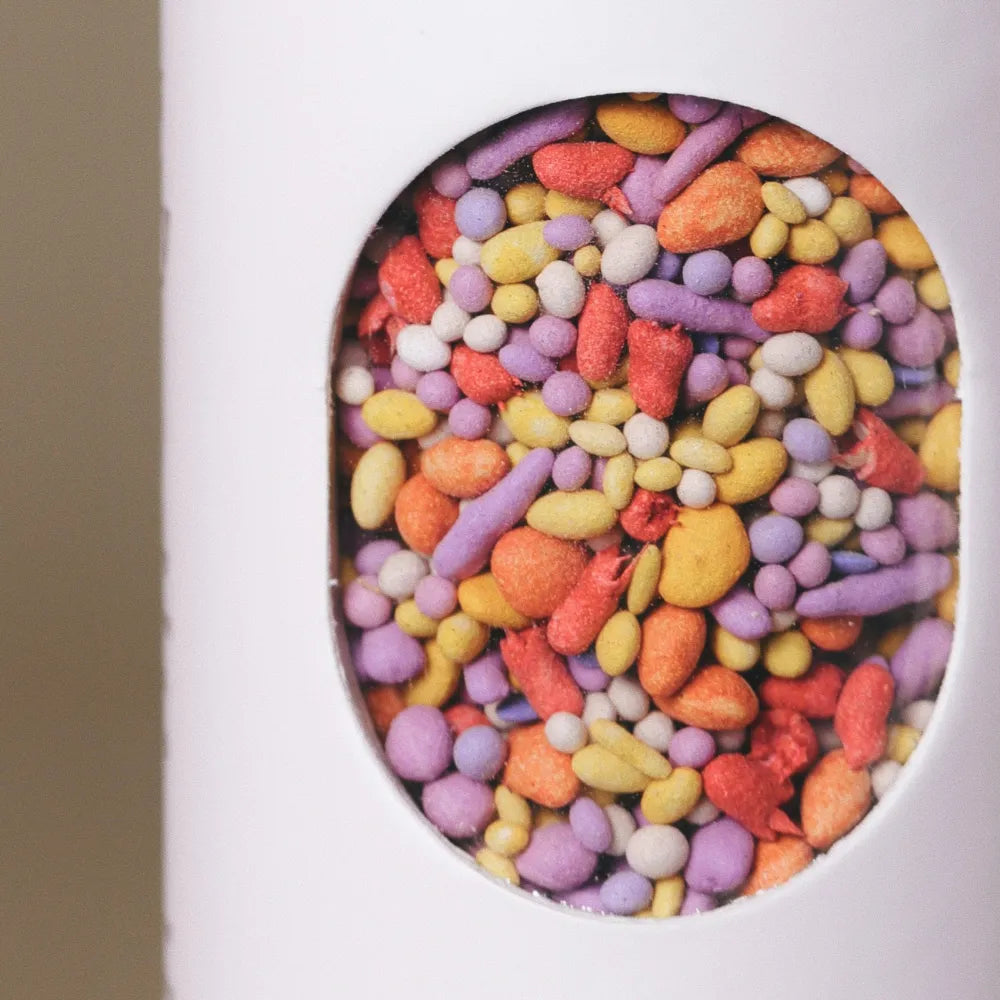 Close-up of colorful coated wildflower seed pellets inside the window of Fleuryx Prairie Bloom Native Wildflower Mix shaker tube, with each pellet color-matched to the flower species it contains.