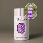 Fleuryx Purple Chinese Houses (Collinsia heterophylla) Native Wildflower Seeds in a white seed shaker with a striped lid, showing purple colorful coated wildflower seeds and a photo of Purple Chinese Houses flowers.