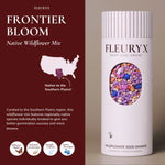 Fleuryx Frontier Bloom Native Wildflower Mix for the Mountain West in a wildflower seed shaker filled with colorful coated seed pellets designed for better germination.