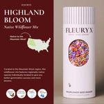 Fleuryx Highland Bloom Native Wildflower Mix for the Mountain West in a wildflower seed shaker filled with colorful coated seed pellets designed for better germination.