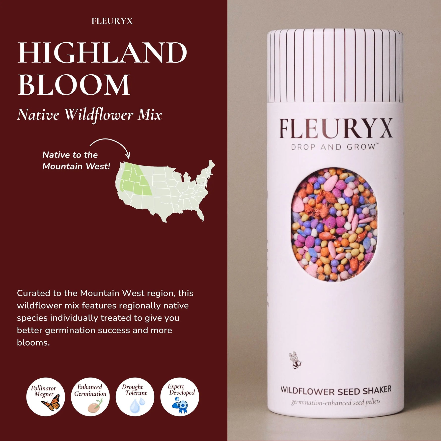 Fleuryx Highland Bloom Native Wildflower Mix for the Mountain West in a wildflower seed shaker filled with colorful coated seed pellets designed for better germination.