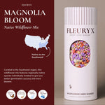 Fleuryx Magnolia Bloom Native Wildflower Mix for the Southwest in a wildflower seed shaker filled with colorful coated seed pellets designed for better germination.