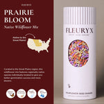 Fleuryx Prairie Bloom Native Wildflower Mix for the Mountain West in a wildflower seed shaker filled with colorful coated seed pellets designed for better germination.