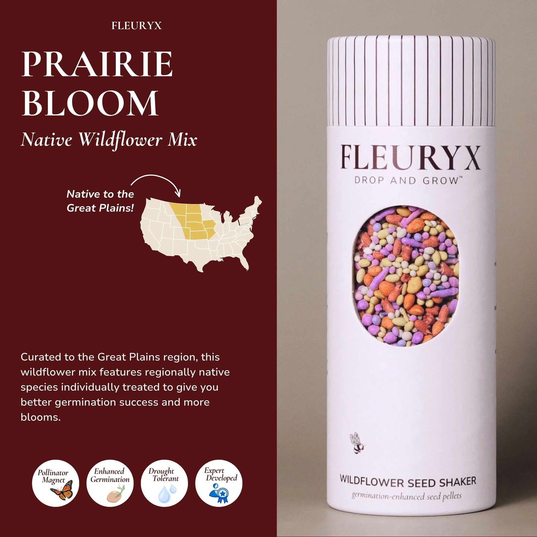 Fleuryx Prairie Bloom Native Wildflower Mix for the Mountain West in a wildflower seed shaker filled with colorful coated seed pellets designed for better germination.