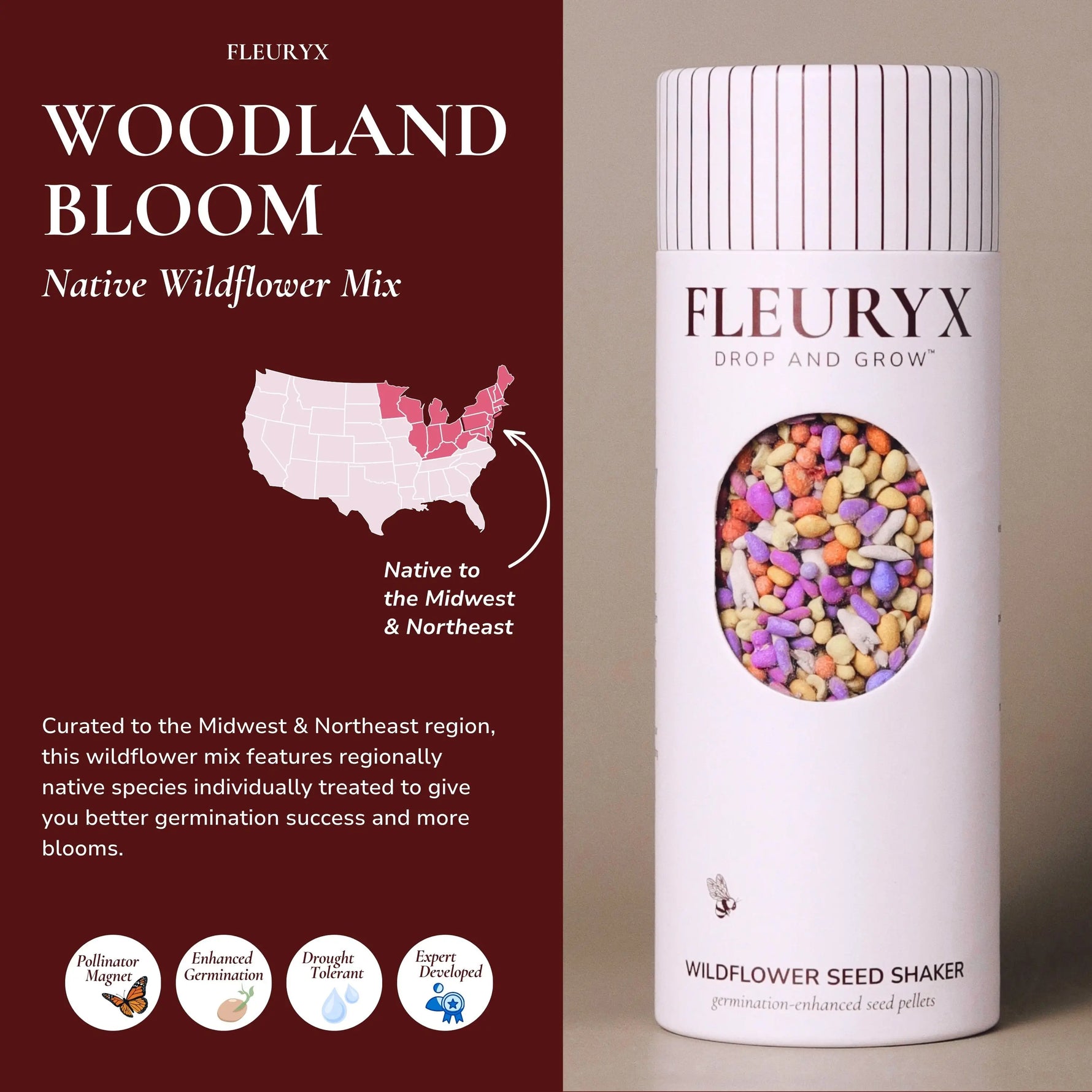Fleuryx Woodland Bloom Native Wildflower Mix for the Midwest and Northeast in a wildflower seed shaker filled with colorful coated seed pellets designed for better germination.